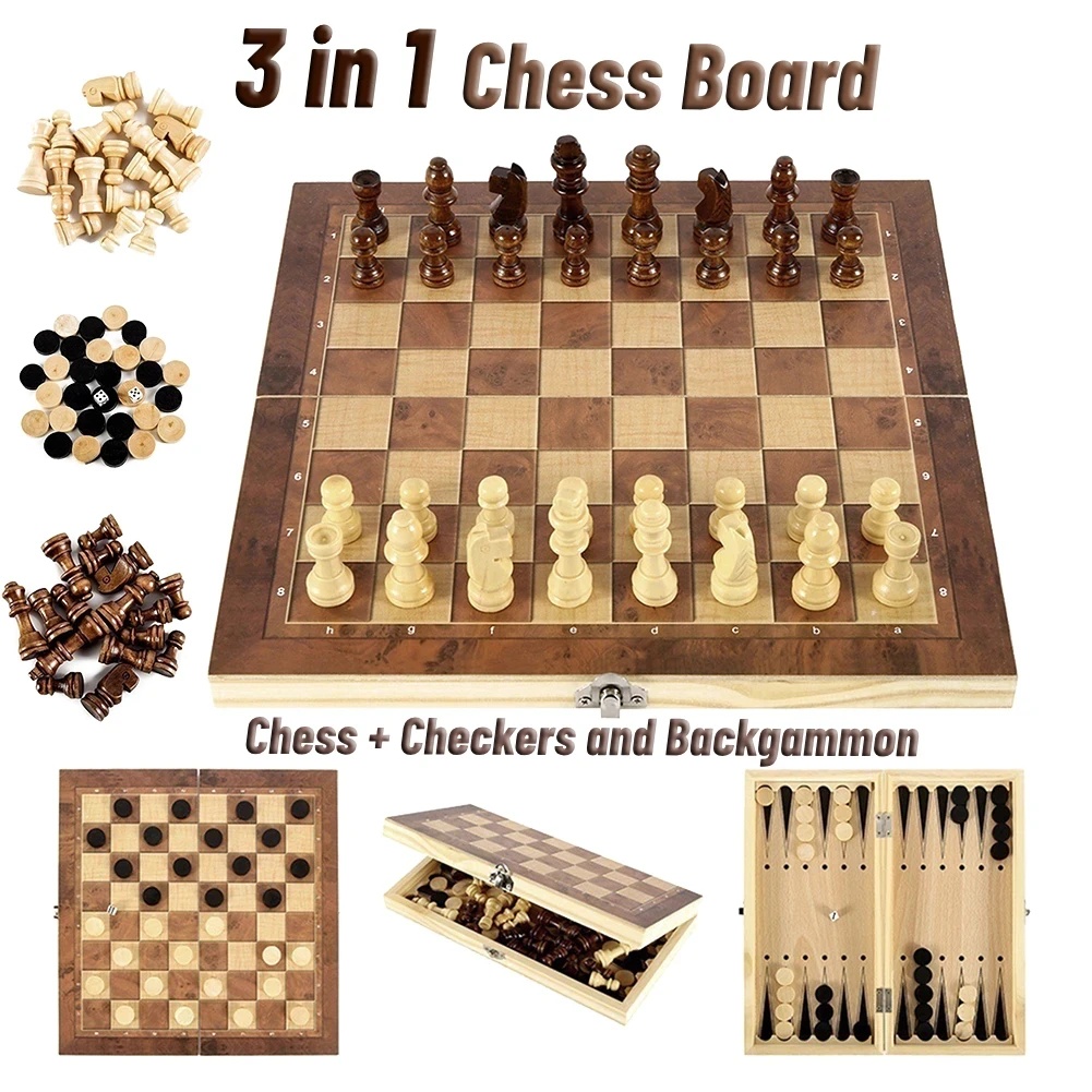 Board Game Harvest - 3-in-1 Holz-Dame-Backgammon-Schach-Set, tragbares, faltbares Brettspiel für